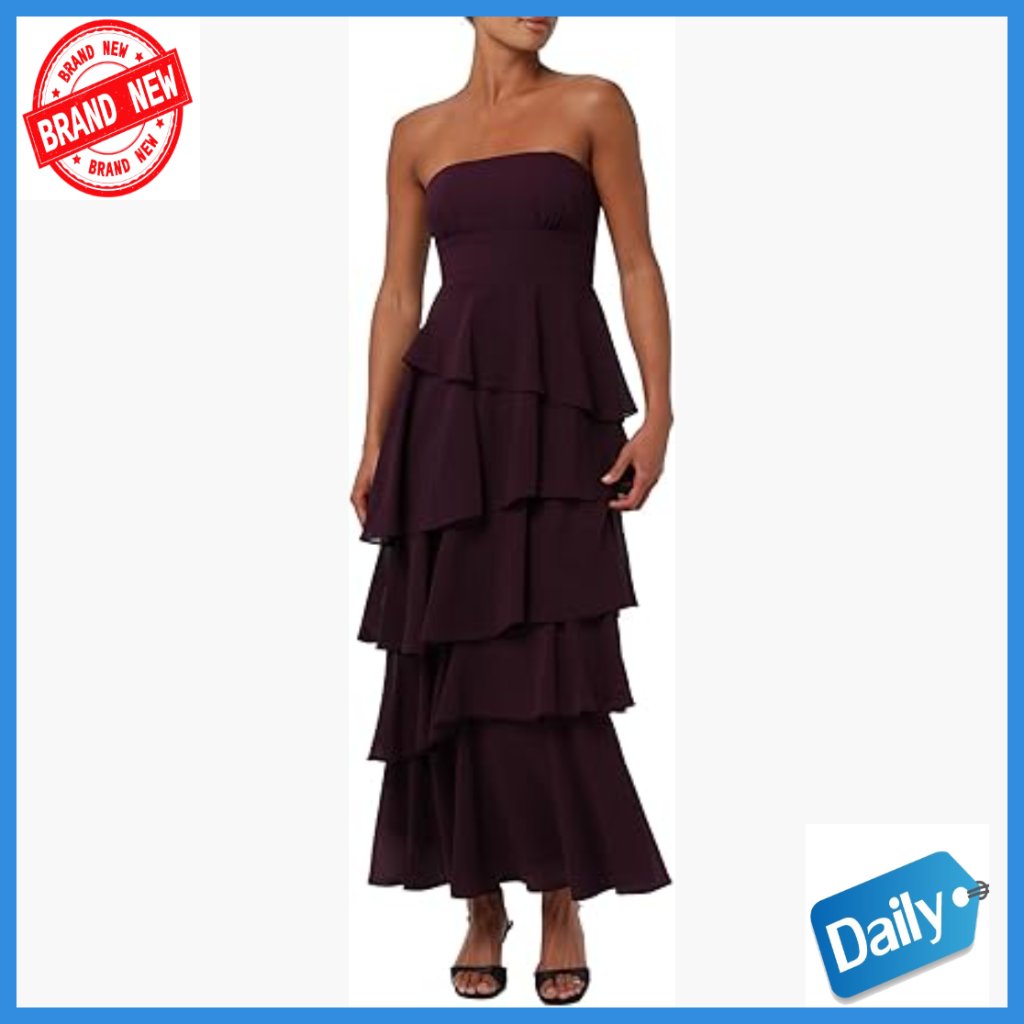 Strapless Tiered Midi Dress, Chiffon Fabric, Cocktail Party Formal Wear